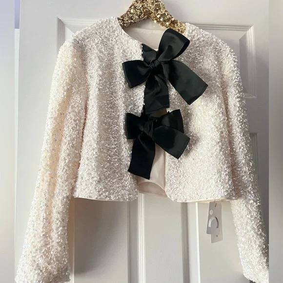 NWT Commense Cream Sequin Black Ribbon Bow Cardigan Jacket - Picture 4 of 14